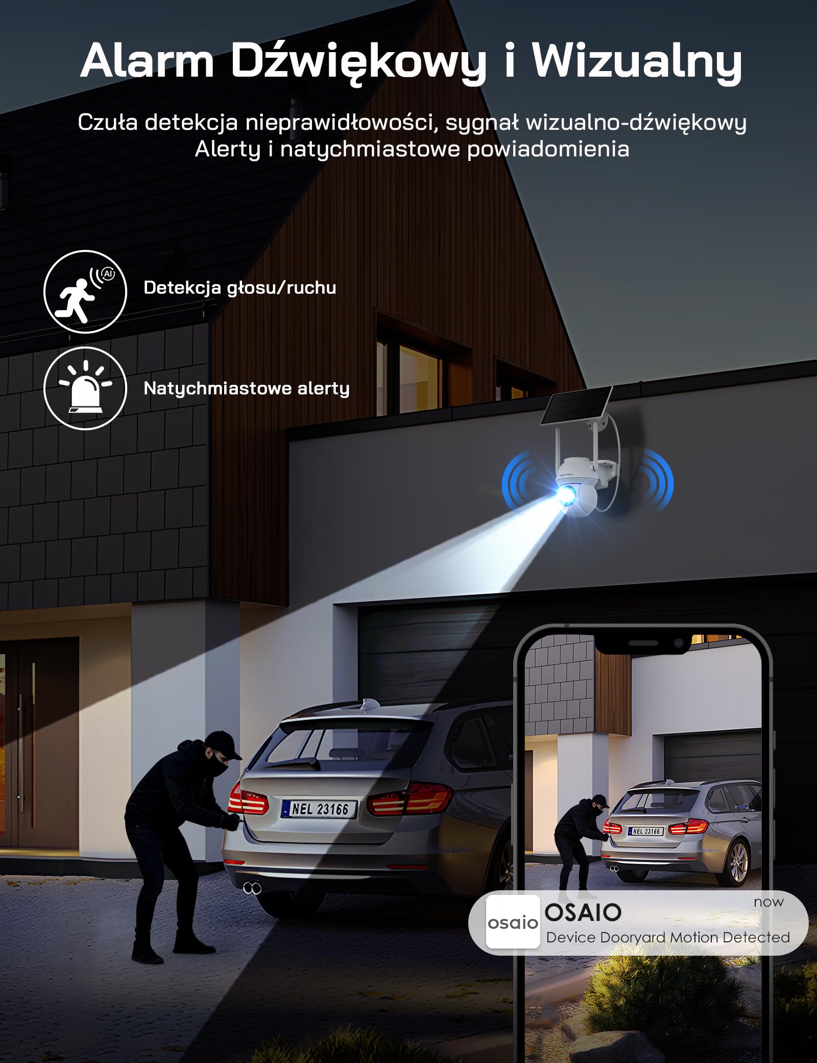 WOLFANG Solarna kamera bezpieczeństwa 1080P na zewnątrz, kamera WiFi PTZ 360° (tylko 2,4 G), wykrywanie ruchu PIR, noktowizor, dwukierunkowy dźwięk, IP65, współpracuje z Alexa i Google Home, bez