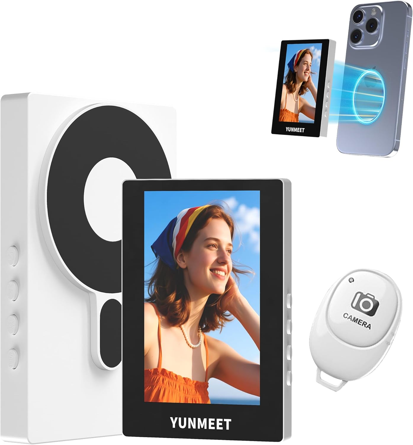 sunshot Selfie Monitor Screen for iPhone/Android, Magnetic Back Camera Monitor, Bluetooth Remote, 4K 60fps Recording No Delay Wireless Mirroring for TikTok,YouTube,Vlog (White)