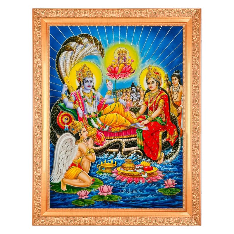 Photo d'art Vishnu Lakshmi Maa grand cadre argenté Zari