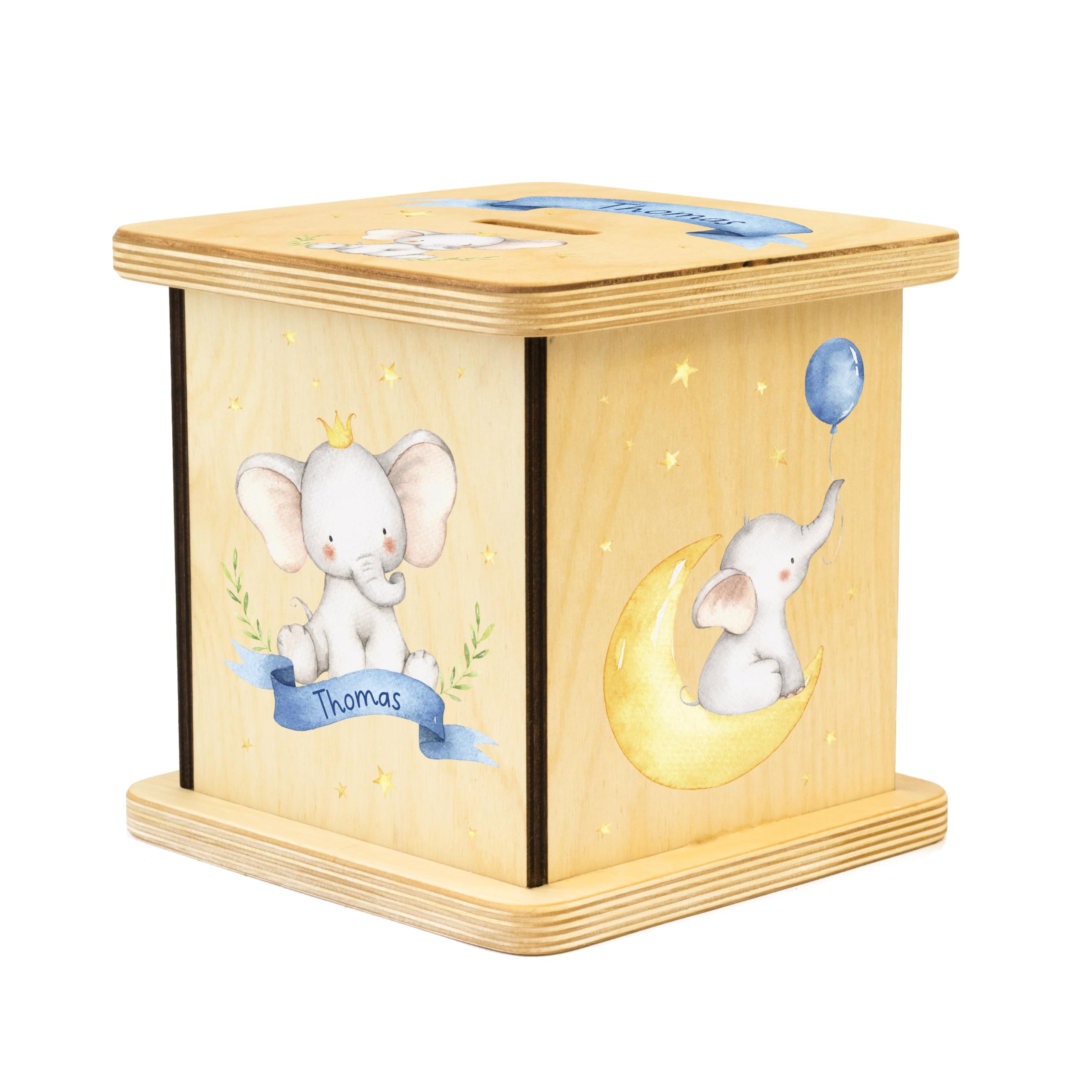 Wooden Piggy Bank for Kids and Adults, Personalized Gift Handmade in USA by BloomOwl, Custom Piggy Bank, Personalized Banks for Kids, Gifts for Baby Boys and Girls (Elephant- Blue)