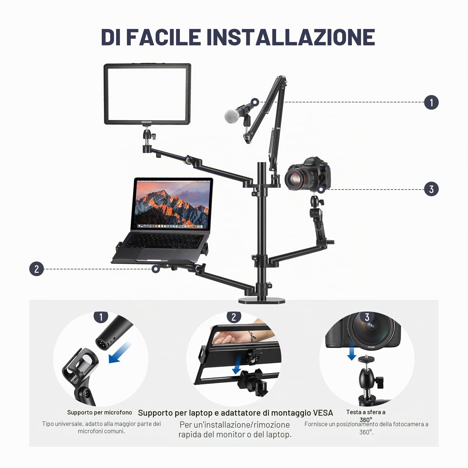 NEEWER Supporto per Fotocamera da Tavolo Sopraelevato con 4 Bracci per Fotografia Video Luce ad Anello Telefono Webcam Mic DSLR, Supporto Luce Scrivania per Diretta Streaming Riunioni Online, DS007