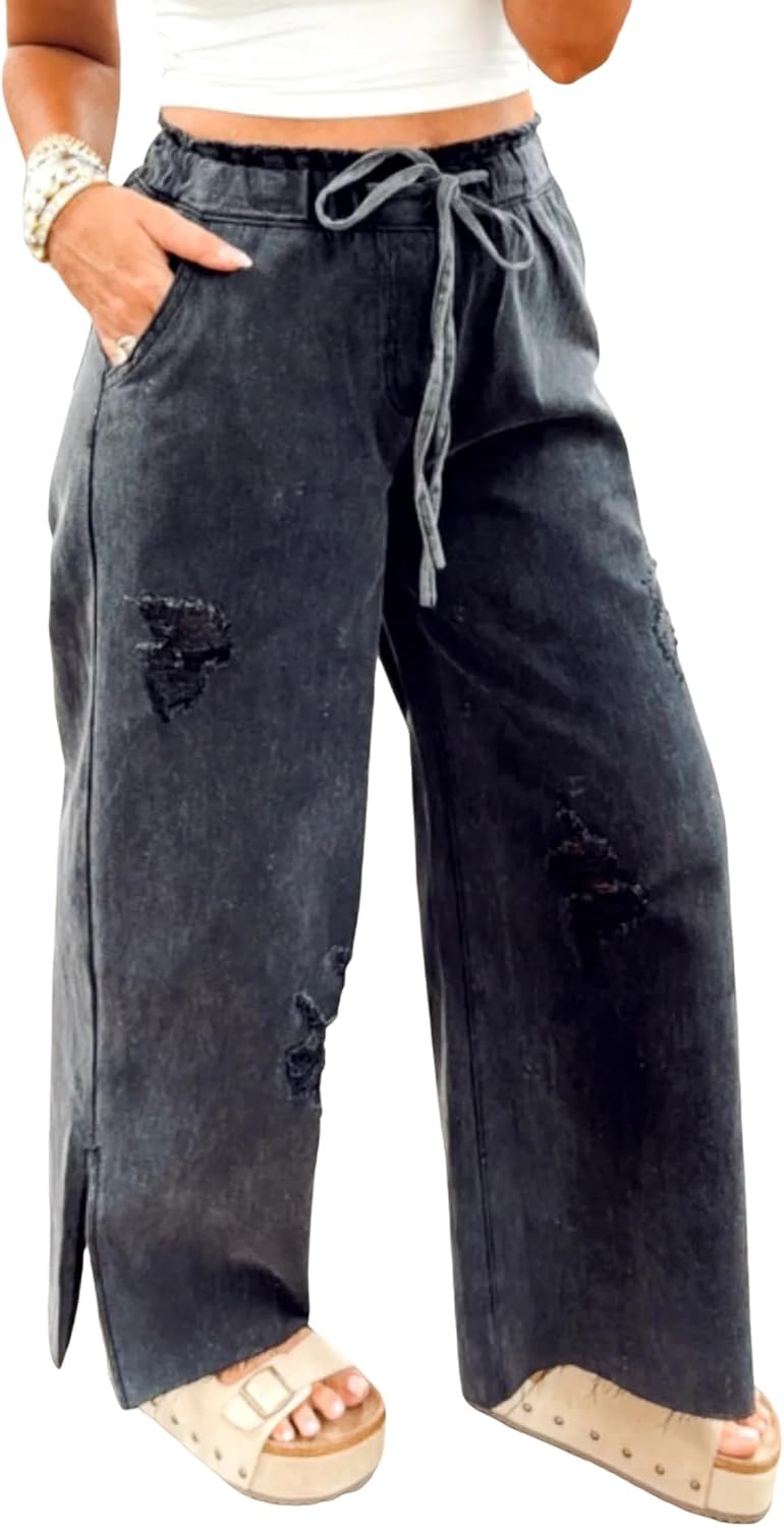 Jeans for Women Black Ripped Detail Split Leg Tie Waist Jeans