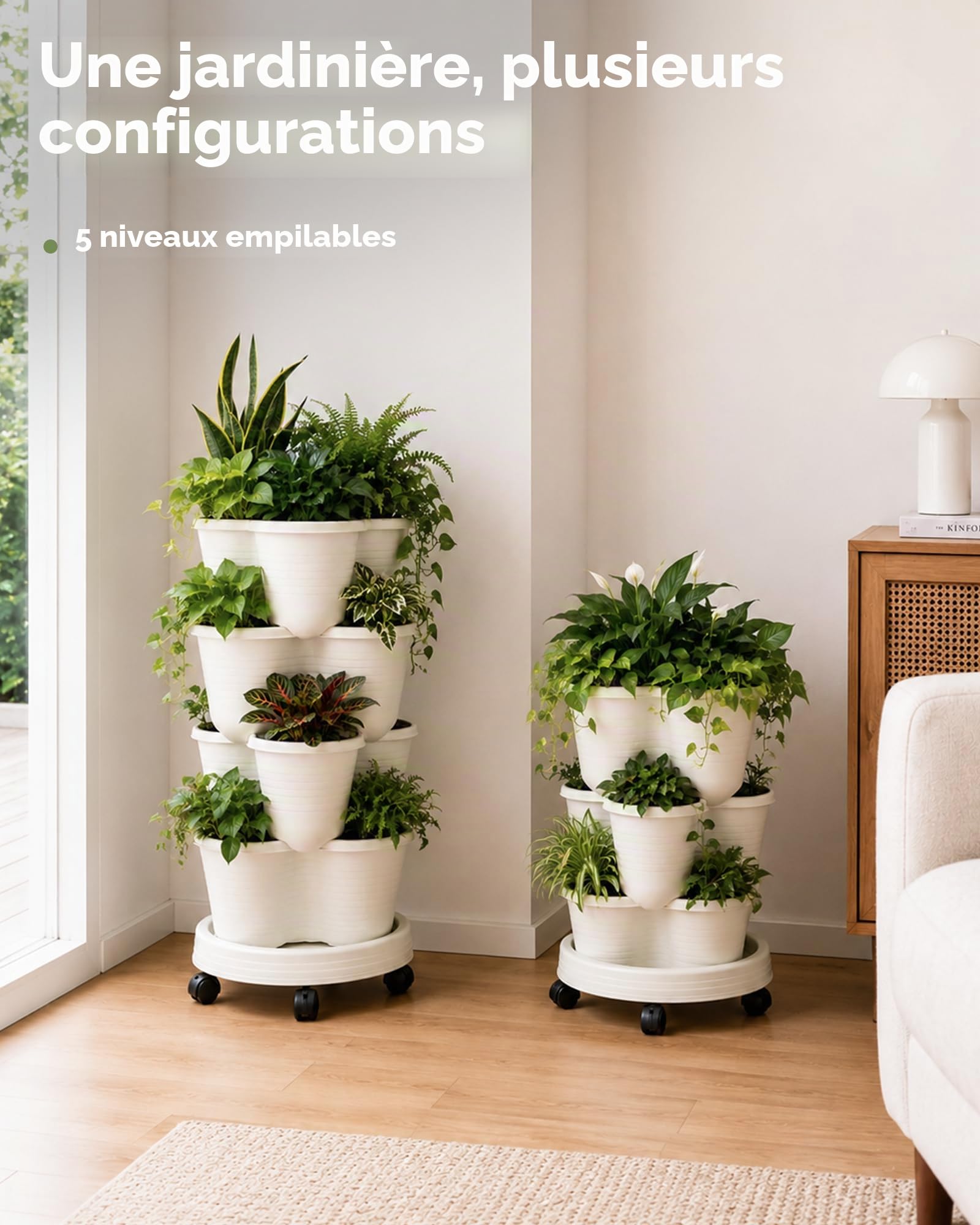 Bamworld Jardinière sur Pied 5 Niveaux Empilable avec roulettes Bloquables, pour Intérieur, Extérieur et Balcon, pour Herbes, Fraises et Légumes, Blanc