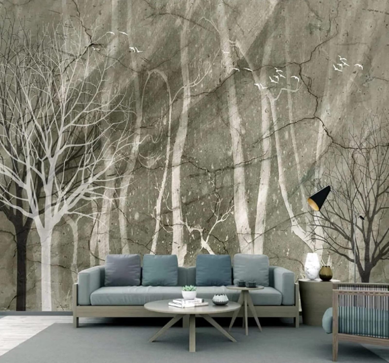 Xlming 300Cm×210Cm(B×H) Retro Abstract Forest Birds In Flight Landscape 3D Wallpaper Luxury Silk Study Dining Feature Sofa Grey Bedroom Living Room Tv Decorative Wall-300Cm×210Cm