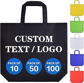 Custom Tote Bags 100 Pack, Personalized Logo Text, Bulk Grocery Bags, Re...