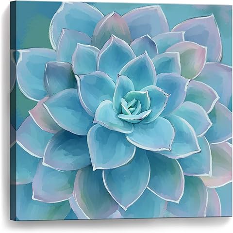 Blue Succulents Bathroom Decor Wall Art Framed Modern Popular Wall Plants Decorations Canvas Prints Artwork Wall Decor for Bedroom Blue Flower Pictures Size 14x14 inch Easy to Hang