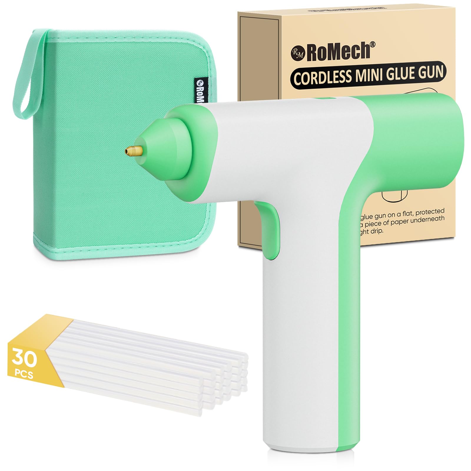 ROMECH Cordless Hot Glue Gun, Auto Dispensing Craft Glue Gun with 30 Pcs Glue Sticks, 3Ah Type-C Rechargeable Glue Gun Kit with Storage Case (Light Green)