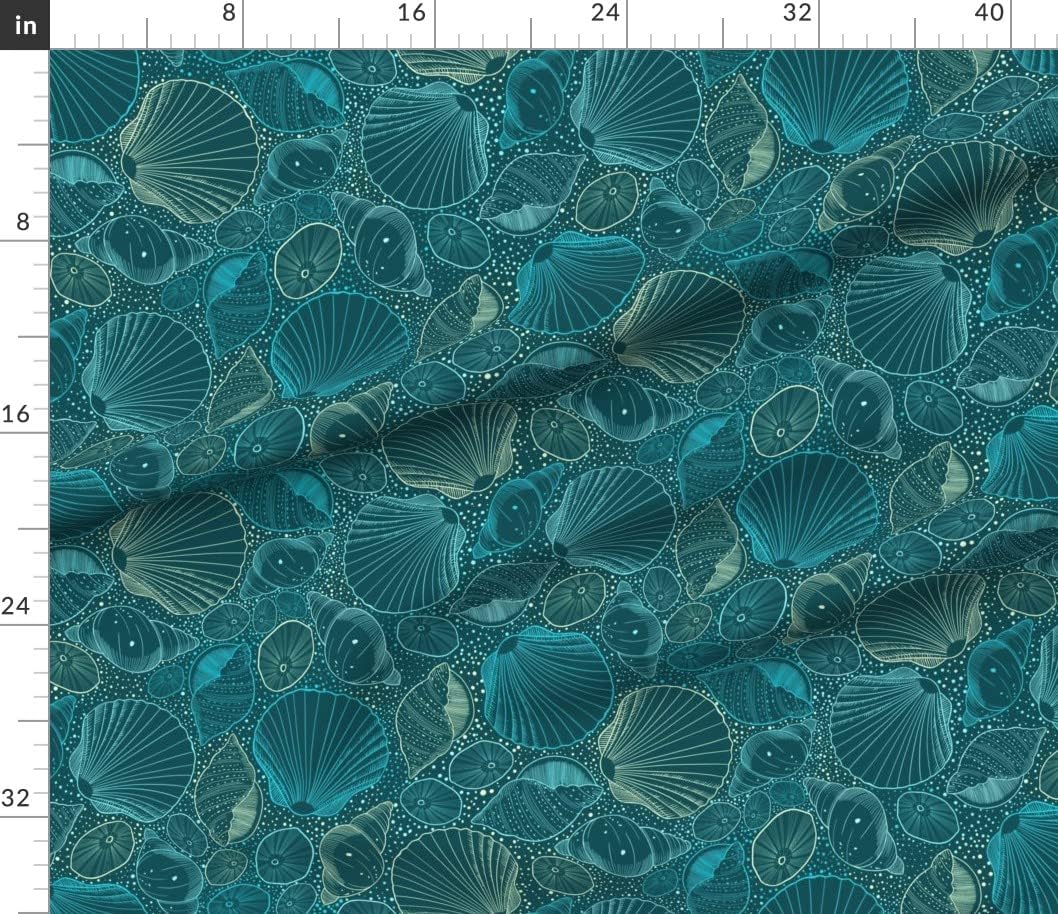 Spoonflower Fabric - Teal Shells Coastal Nautical Modern Beach House Line Art Blue Green Printed on Petal Signature Cotton Fabric Fat Quarter - Sewing Quilting Apparel Crafts Decor