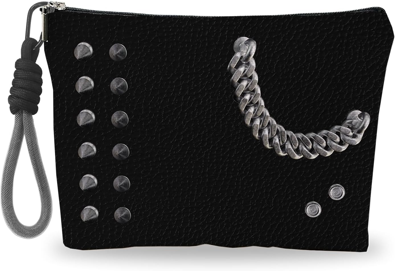 Dark Rivets Chain Makeup Bag for Women, Gothic Cosmetic Bag with Hand Strap, Lined Toiletry Pouch with Zipper For Women, Travel Organizer Bag for Essentials & Accessories - A04