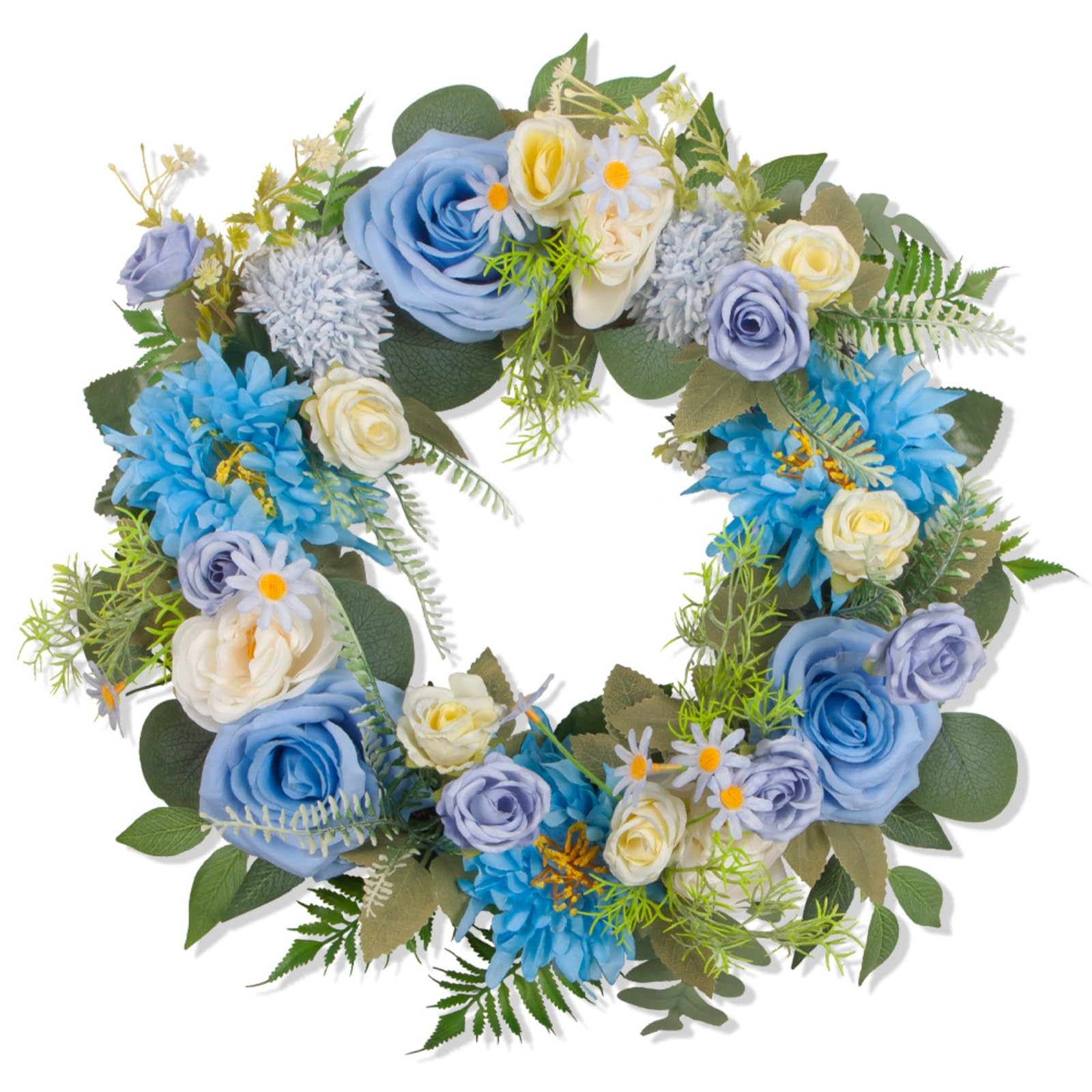 45cm Artificial Spring Wreath with Flowers, Faux Rose & Daisy Floral Door Garland for Front Porch Wall Window Farmhouse Home Decor (45cm,Blue)