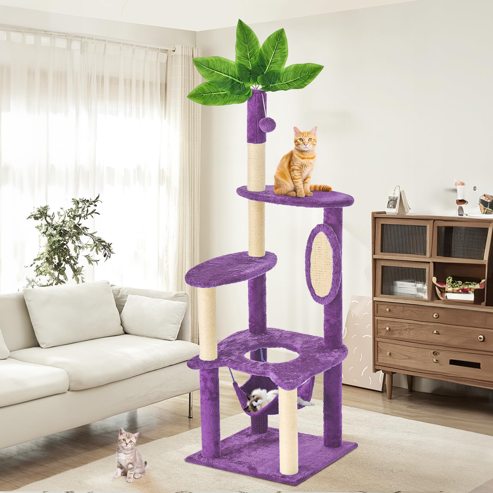 61" Large Cat Tree Tower for Indoor Cats with DIY Green Leaves Scratching Post Multi Soft Hang Ball Plush Cat House Furniture 360° Rotating Cat Scratch Board with Hammock, Square Deep Purple