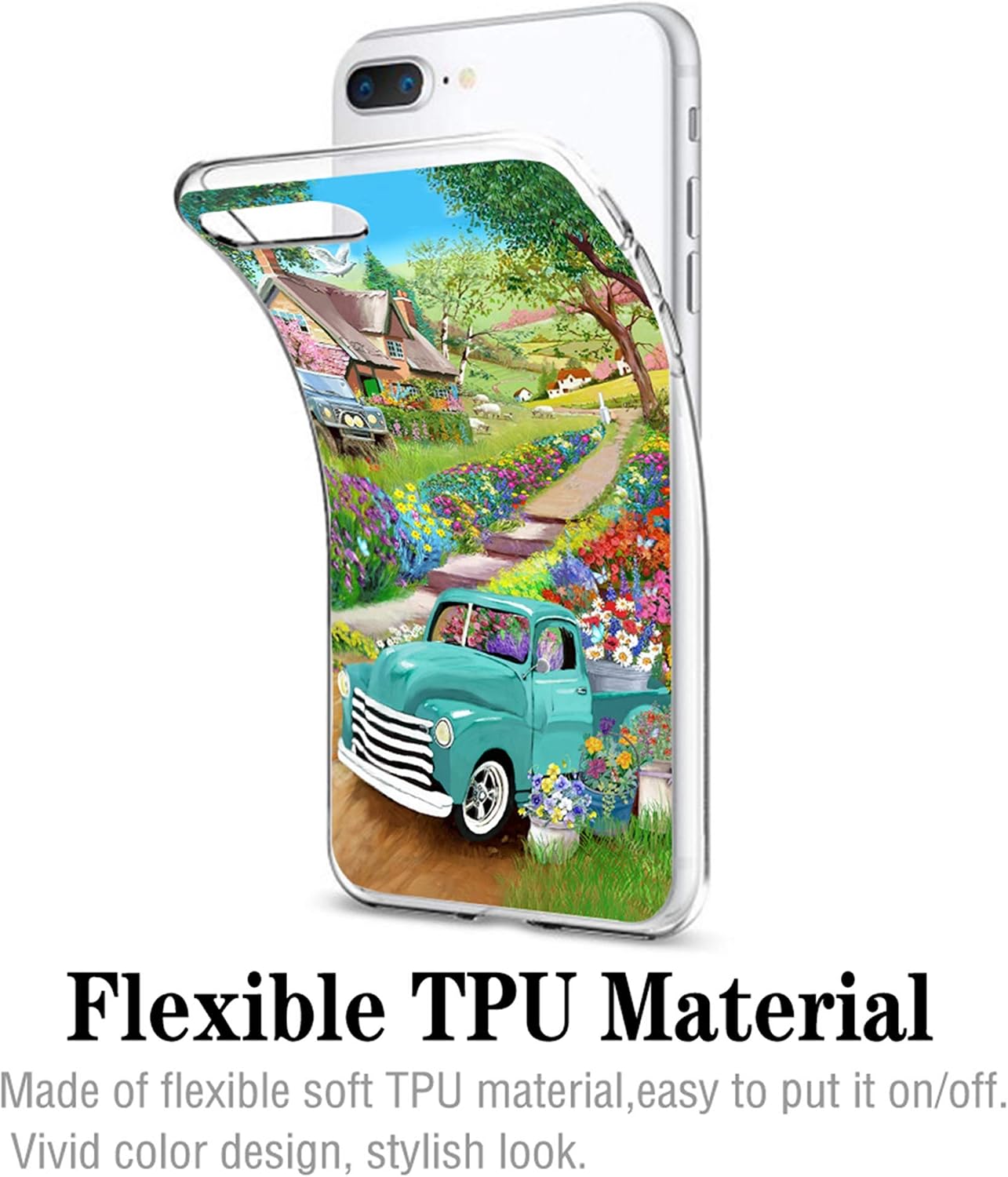 cocomong Farmhouse Spring for iPhone 7 Plus 8 Plus Case Blue Truck Fresh Spring Flowers Pattern Soft TPU Thin Phone Case for iPhone 7 Plus/ 8 Plus 5.5" Protective Anti-Drop-Scratch Spring Decoration