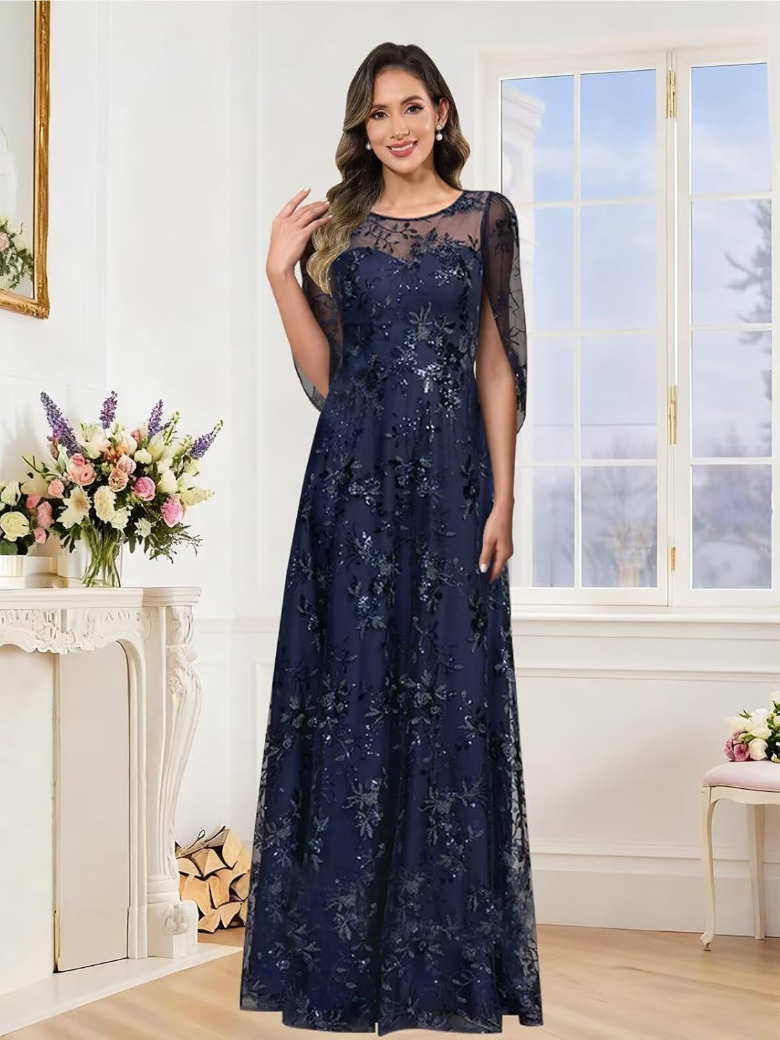 Cape Sleeve Mother of the Bride Dresses for Wedding Tulle Wedding Guest Dresses for Women Sequin Applique Evening Gown