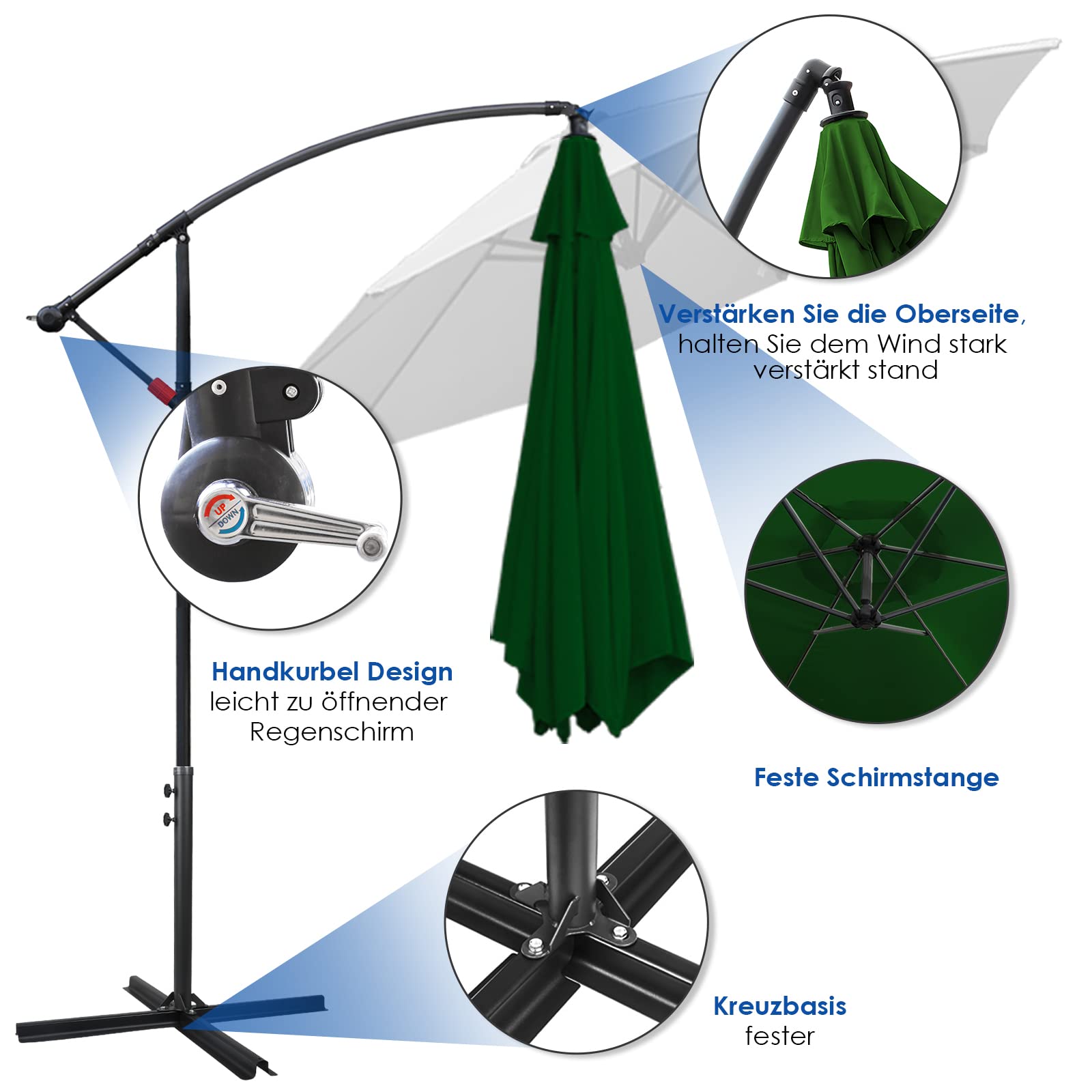 Daromigo Parasol przeciwsłoneczny, 300/350 cm, z korbą, ze stojakiem, ochrona przed słońcem, ochrona przed promieniowaniem UV, aluminium, z korbą, wodoszczelny do ogrodu
