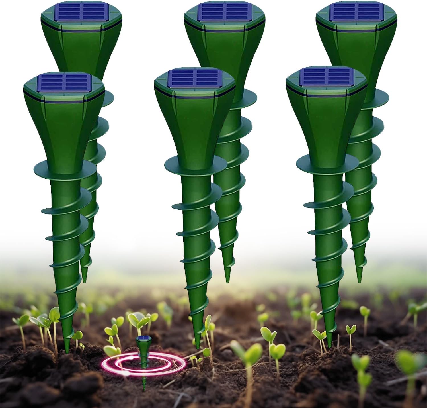 6 Pack Mole Repellent for Lawns Outdoor, Solar Powered Mole Traps Snake Gopher Repellent, Ultrasonic Screw Vibration Stakes Deterrent for Rodent Vole Groundhog Armadillo Chipmunk, No Kill Traps