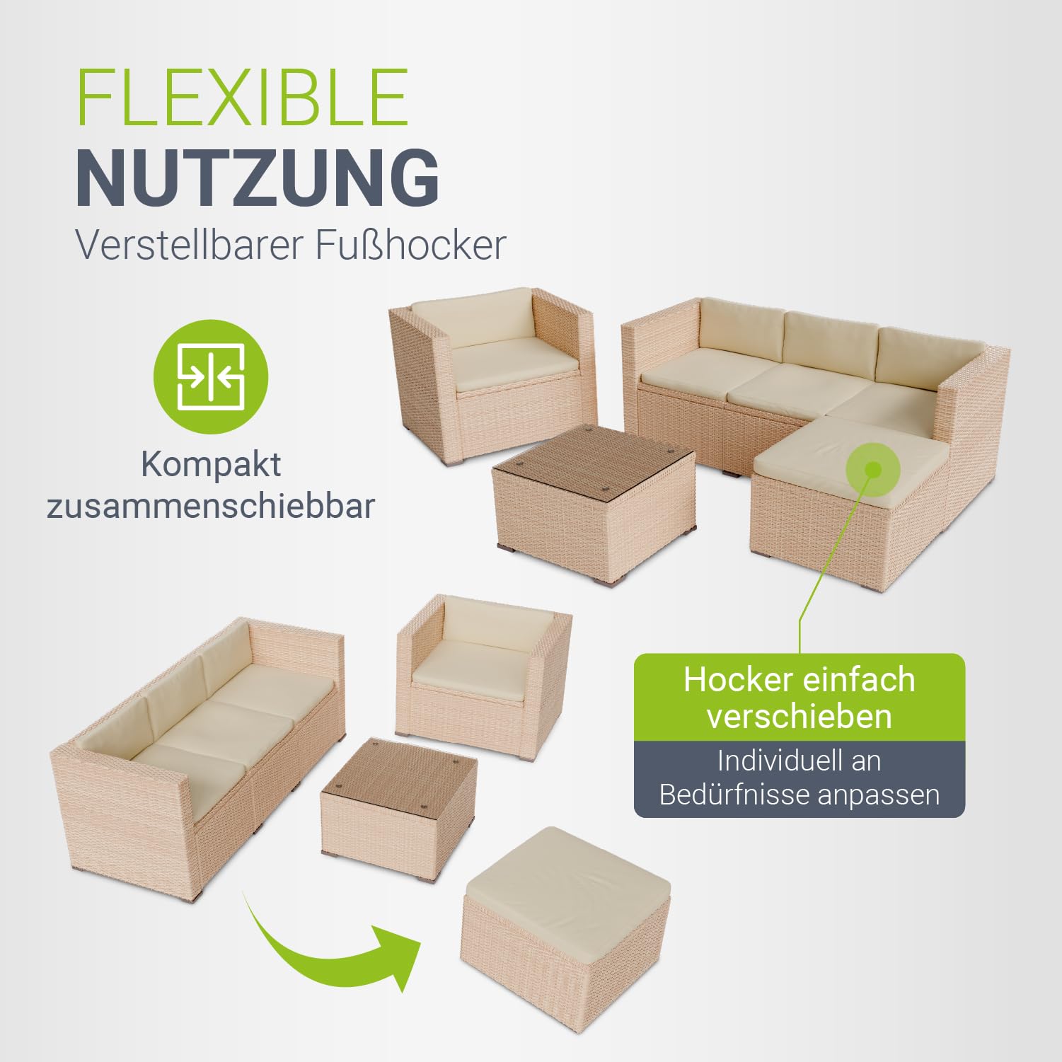 Juskys® Polyrattan Lounge Punta Cana L inkl. Abdeckung für 4-5 Personen mit 3er Sofa, Sessel, Hocker, Tisch & Kissen, Sitzgruppe für Garten, Terrasse und Balkon, Gartenmöbel Set wetterfest - Creme