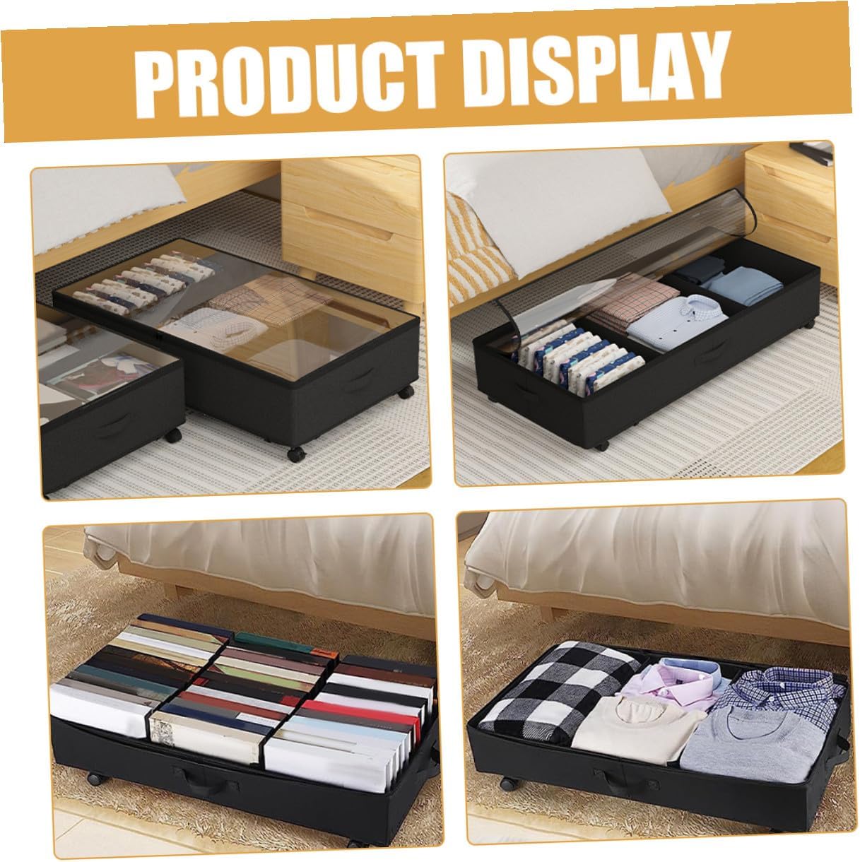 Bed Storage Box with Wheels 3-compartment Large Capacity Oxford Cloth Zippered Clothes Organizer Dustproof Rolling Storage Case for Bedroom Clothing
