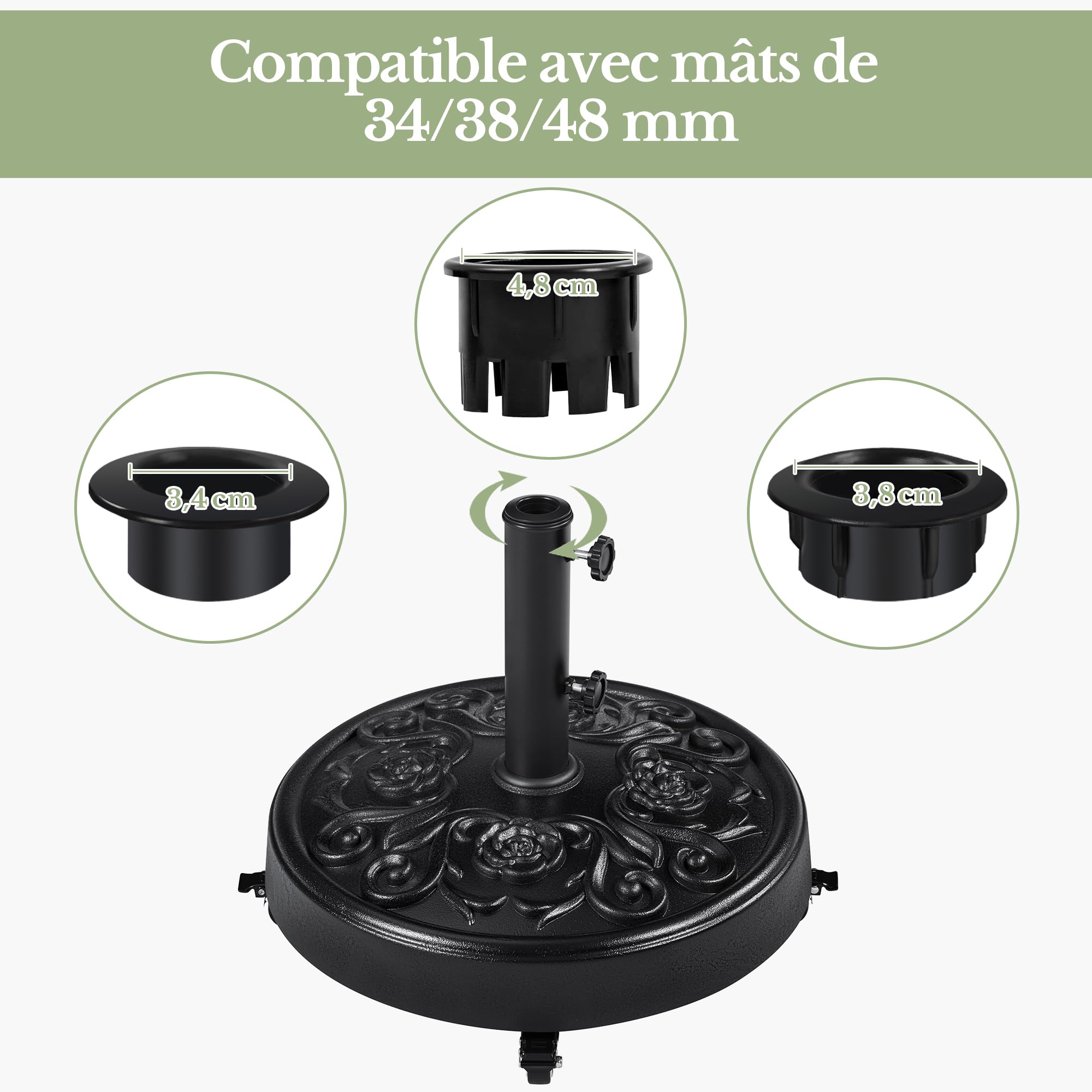 Yaheetech Pied de Parasol à roulettes 25 KG, Base de Parasol Vintage à Motif Rose pour Mât de Ø 34mm/38mm/48mm du Parasol, Support Pied Parasol pour Jardin, Terrasse, Plage (Noir)