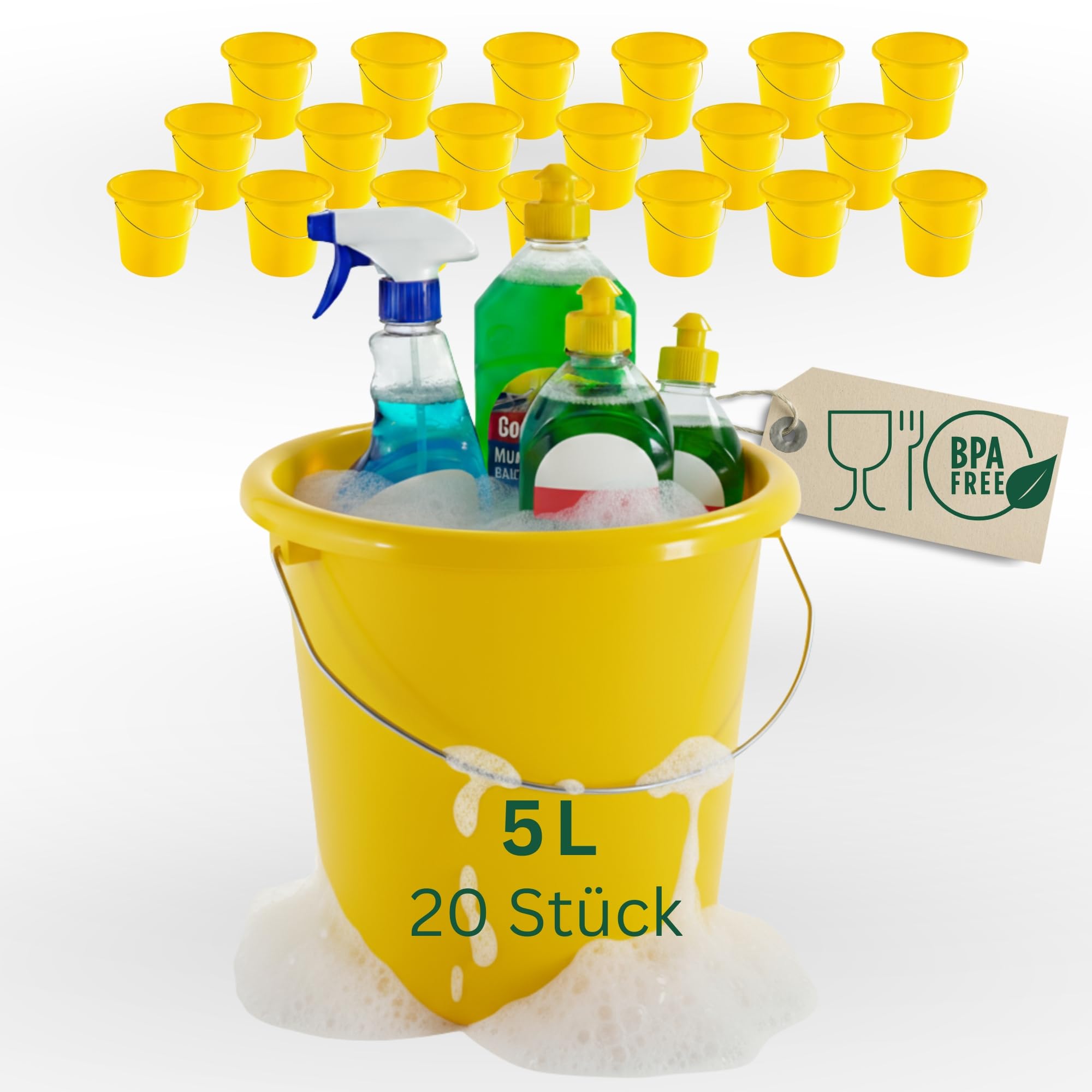 Novaliv 20 sztuk wiaderek 5 l, żółte, z podziałką na miarę, 5 l, 22,5 cm, praktyczne, uniwersalne ze skalą, do gospodarstwa domowego i ogrodu, idealne jako wiadro domowe, wiadro na wodę, wiadro do