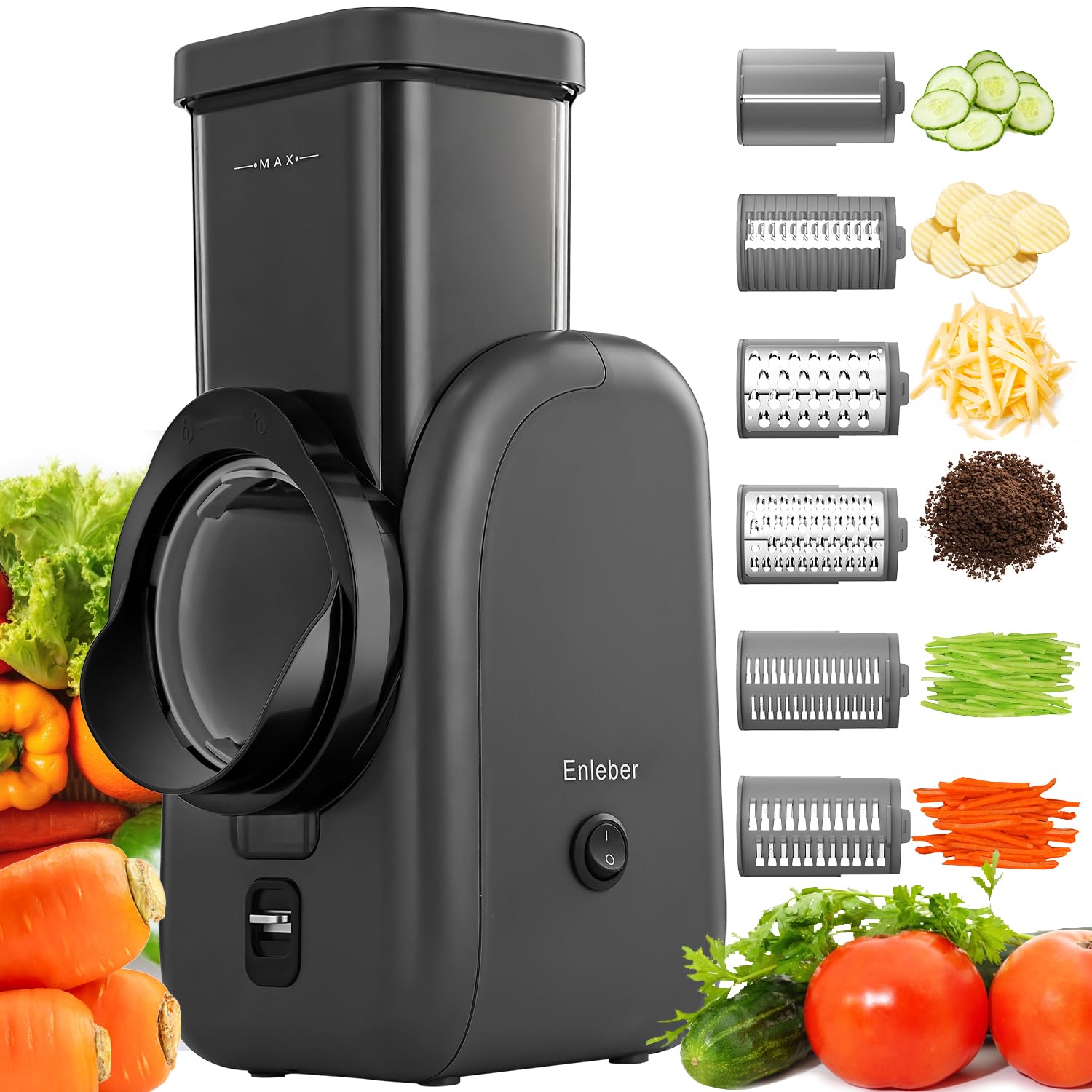 Elektrische Küchenreibe, Elektrische 6-in-1 Multireibe, Reiben & Raspeln von Obst, Gemüse,Käse & mehr, Elektrischer Gemüsehobel Küchenmaschine Reibe Multifunktionsreibe, grau-schwarz