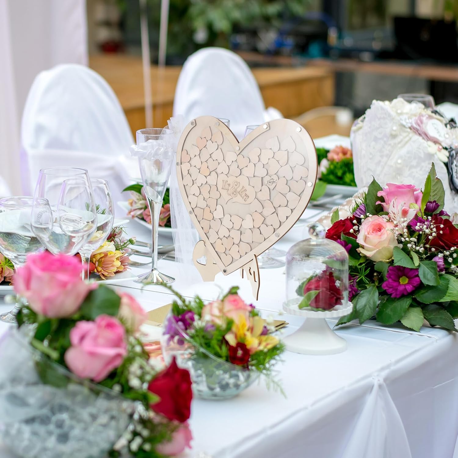 PATKAW Heart-Shaped Wedding Guest Book Wood Sign DIY Rustic Wedding Decor Set and Shower Celebration