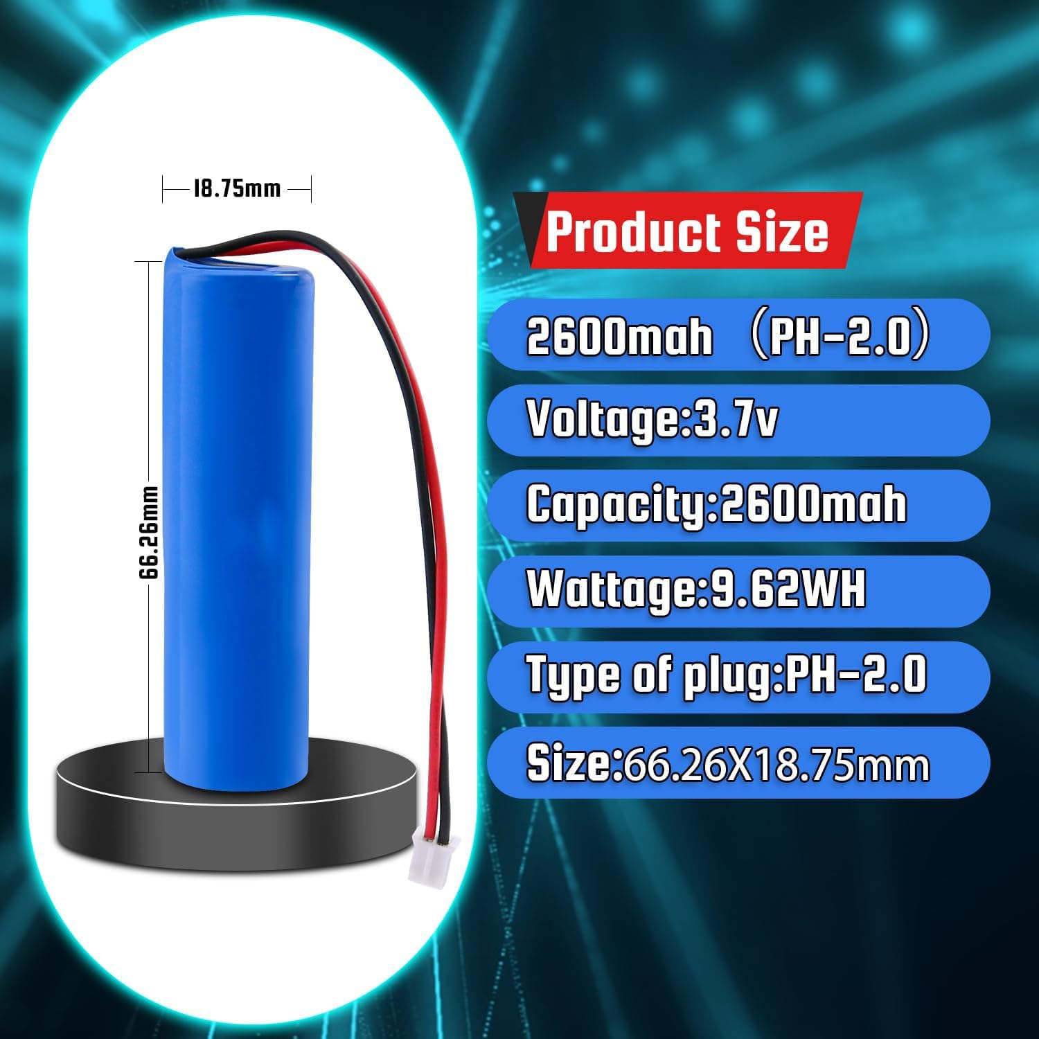 Batería Recargable de Iones de Litio de 3,7 V y 2600 mAh para Productos electrónicos de Bricolaje, Juguetes, iluminación y Equipos Bluetooth. con Conector PH2.0 de 2 Pines.