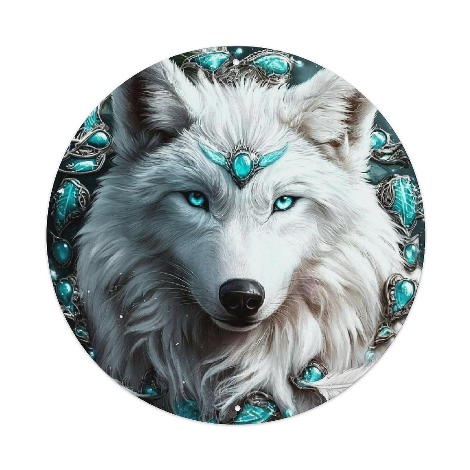 White Wolf With Teal Jewels Retro Metal Tin Sign, Vintage Metal Poster for home, Gaming Room, Studio Workshop,Bar,Garage Wall Art Decor 8x8 inch