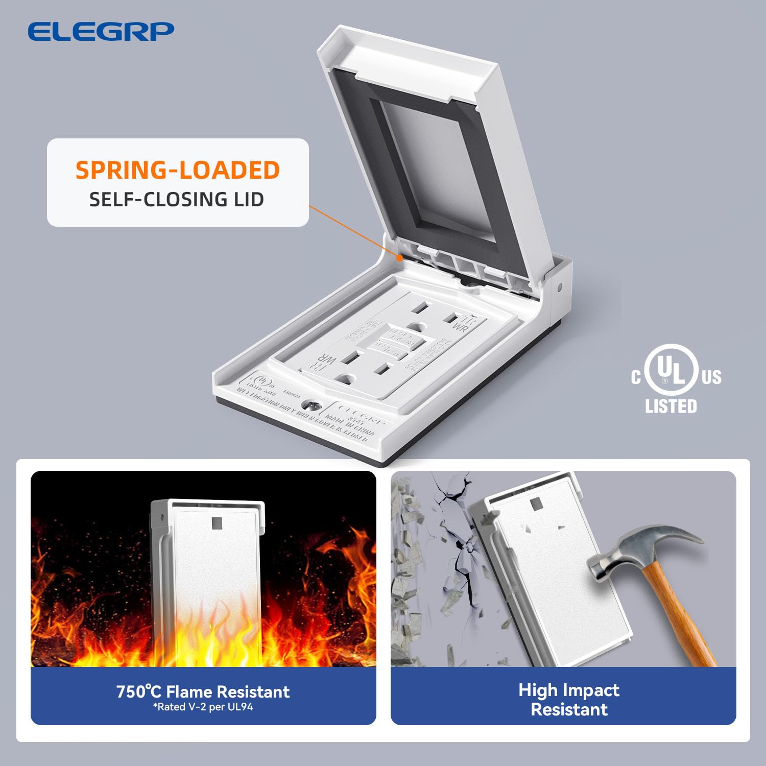 ELEGRP GFCI Outlet 15 Amp, WR, kit de caja eléctrica con placa de pared resistente a la intemperie, blanco, 1 paquete