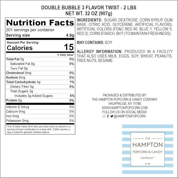 The Hampton Popcorn Company Dubble Bubble Assorted Fruit Flavored Gum - 2 Pound Bulk Bag (Approx. 140 Pieces) - Individually Wrapped Gum - & Candy (Assorted Fruit Flavored - Multi Colored)