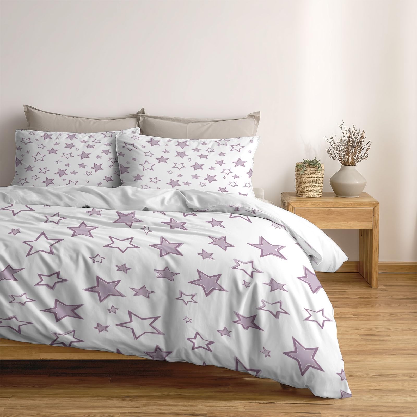Generisch Nordisch Modern 3-teiliges Bettwäsche-Set, 1 Bettbezug 240 x 220 cm und 2 Kissenbezüge 80 x 80 cm, Elegante Sterne, Mikrofaser, wendbar, modern, Kinderzimmer, Weiss