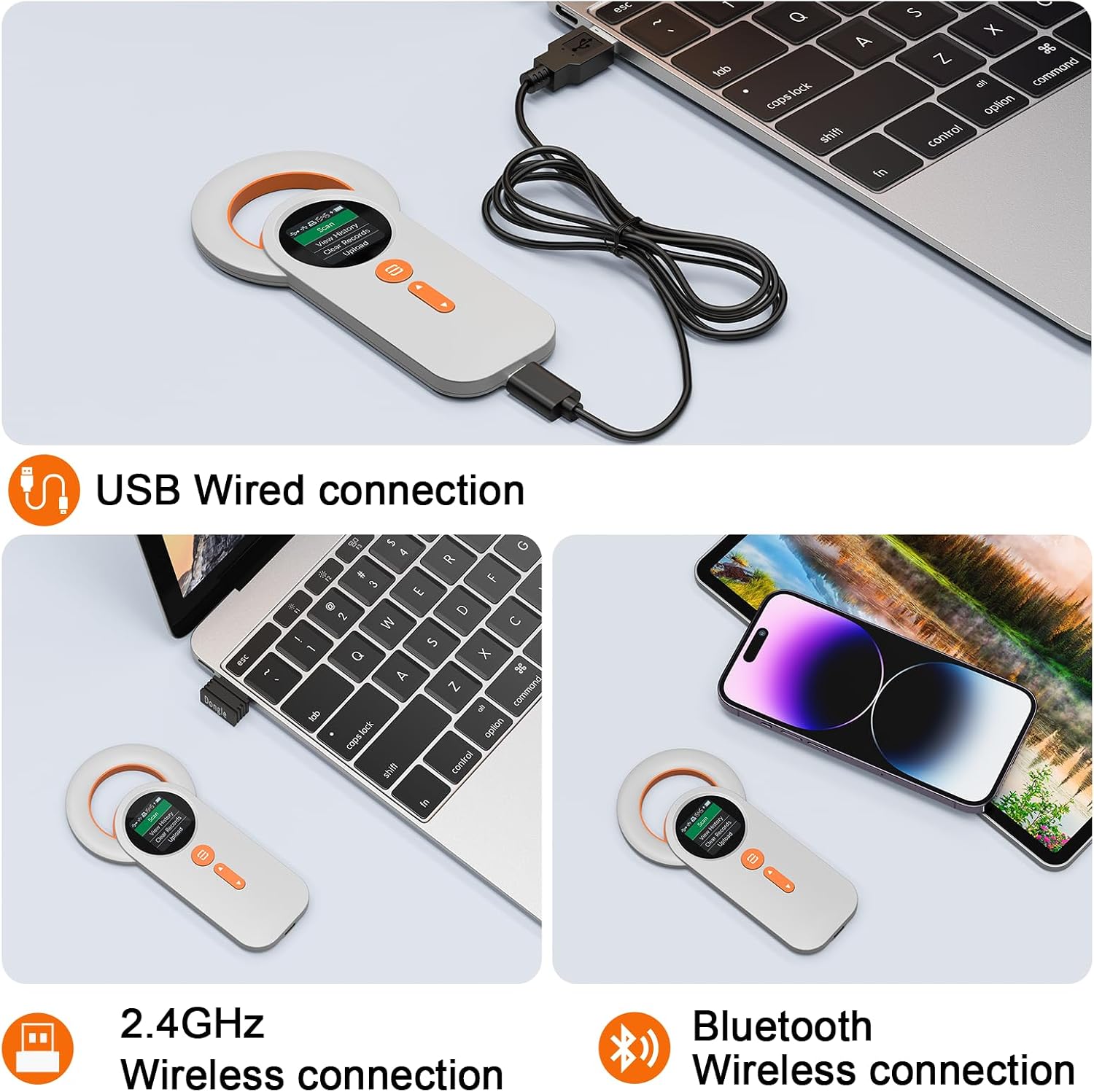 Pet Microchip Scanner Rechargeable RFID EMID Micro Chip Reader Scanner (2.4GHz Wireless+Bluetooth+USB) All in one 1.44” TFT Screen Display ISO11784 / ISO11785 / FDX-B and EMID for Animal/Pet/Dog/Cat