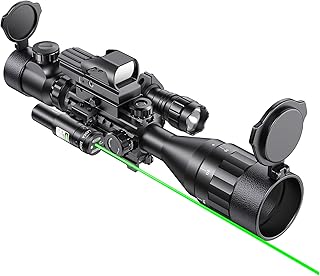 4-16x50AO Rifle Scope Red/Green Illuminated Reflex with Green Laser Sight 4 Holographic Reticle Red Dot for Rail Mount - 5 Brightness Modes Flashlight - Qande