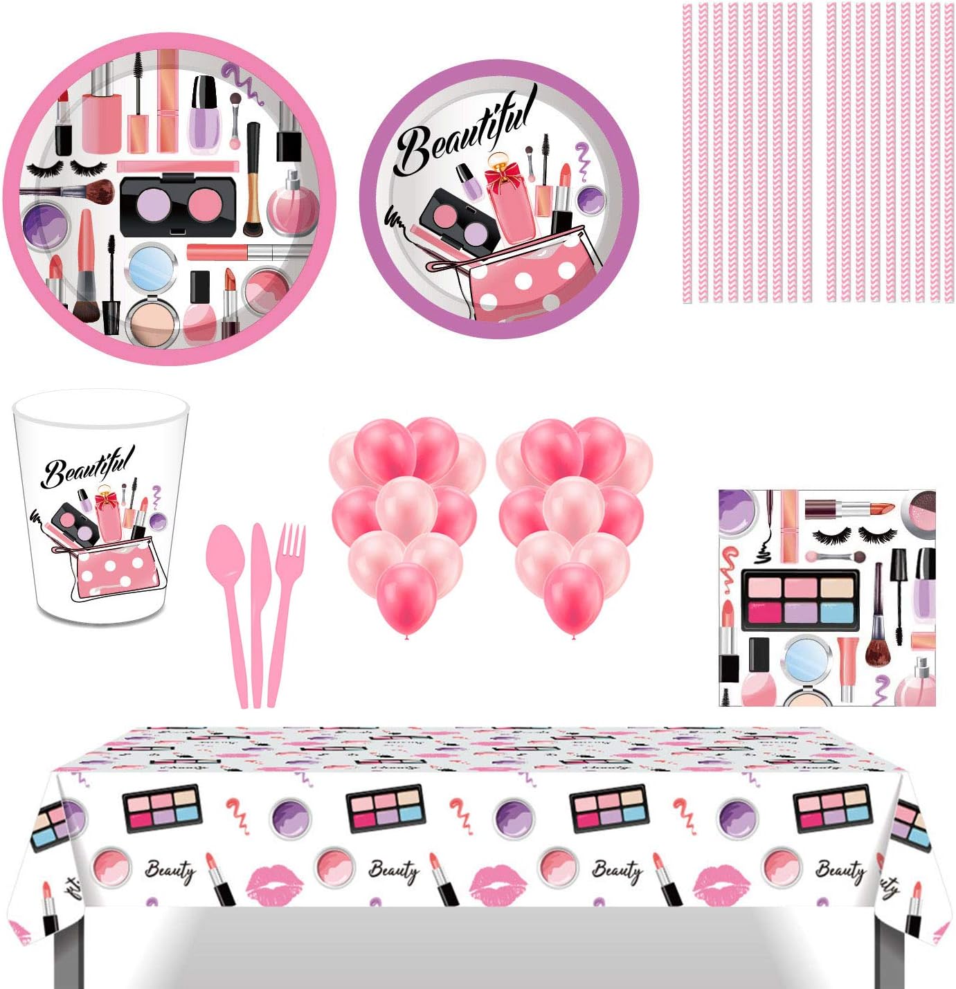 SPA Makeup Party Supplies, 85Pcs Spa Makeup Disposable Tableware with SPA Makeup Plates Cups Straws Napkins Balloons for Birthday Girls Party Spa Party Decorations