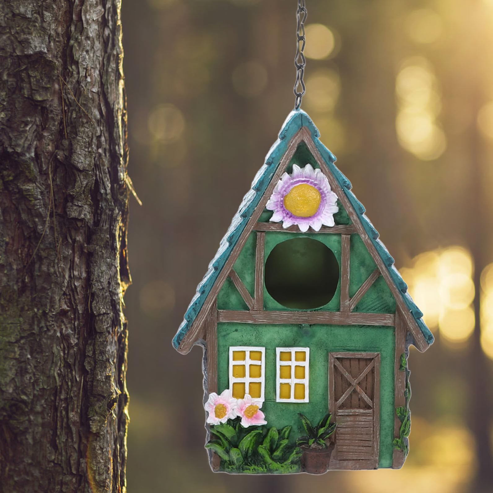 DOITOOL Casita de Pájaros Exterior de Resina Estilo Rústico, Refugio Cálido y Ventilado para Aves, Decoración Natural para Jardín y Patio