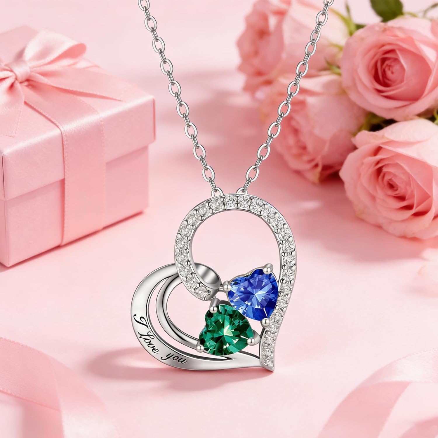 Double Birthstone Heart Necklace 0.8CT Dual-Gemstone S925 Sterling Silver Plated White Gold Engraved I Love You Perfect Anniversary/Valentine's Day Gift for Wife/Girlfriend/Mom/Daughter - Image 4