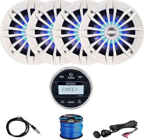 Enrock EM856 - Receptor de grado marino, 4 altavoces EnrockMarine de 6.5 pulgadas de 2 vías de 180 W (blanco) con LED azules, montaje en interfaz