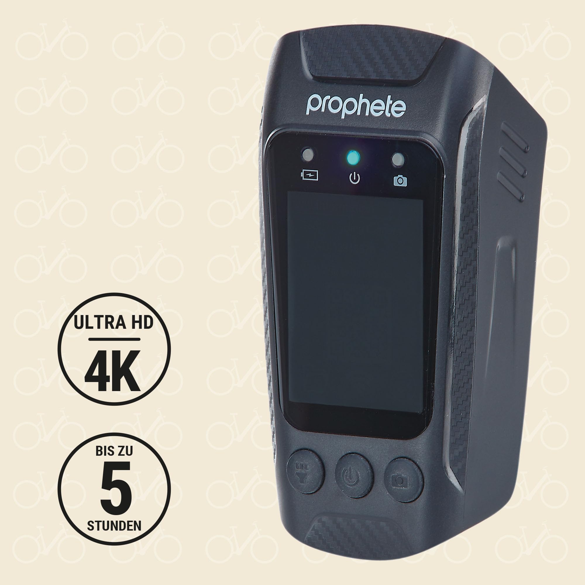 Prophete Fahrrad Dashcam – 4K 30 fps Video, 20 MP Fotos, Front- & Rückfahrkamera, 4,5 Std. Aufnahmezeit, App-Steuerung für iOS & Android, robuste Lenkerhalterung, USB-C Ladefunktion