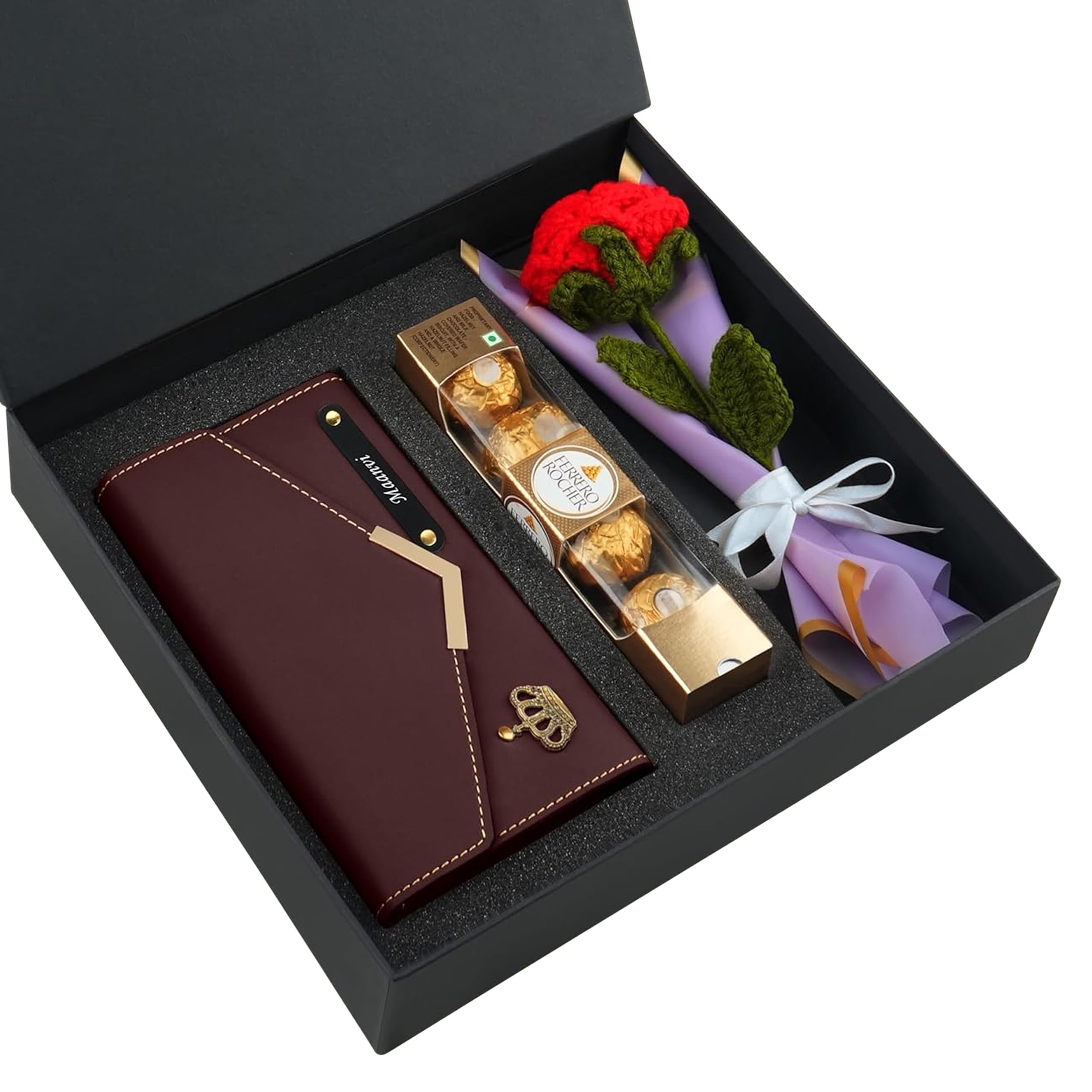 Personalized Blissful Love Gift Set with Name Engraving | Premium PU Leather Clutch | Gift Box with Crochet Rose, Chocolates & Message Card for Birthday, Anniversary, Etc (Brown)-image-42