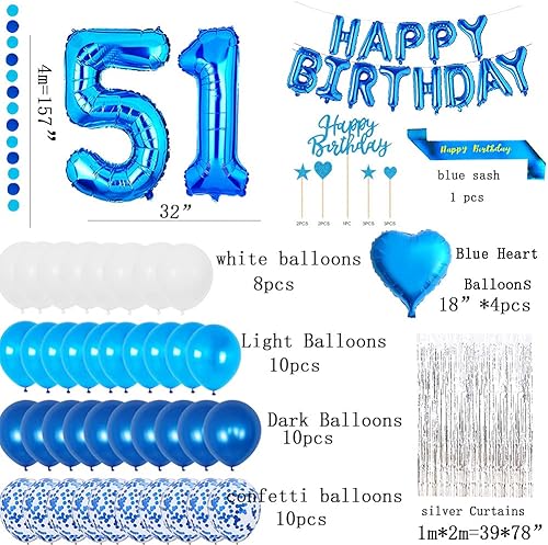 Miniatura 2 de Decoraciones de fiesta de cumpleaños número 51, globos azules de papel de aluminio con el número 51, banda de feliz cumpleaños, decoración de pastel