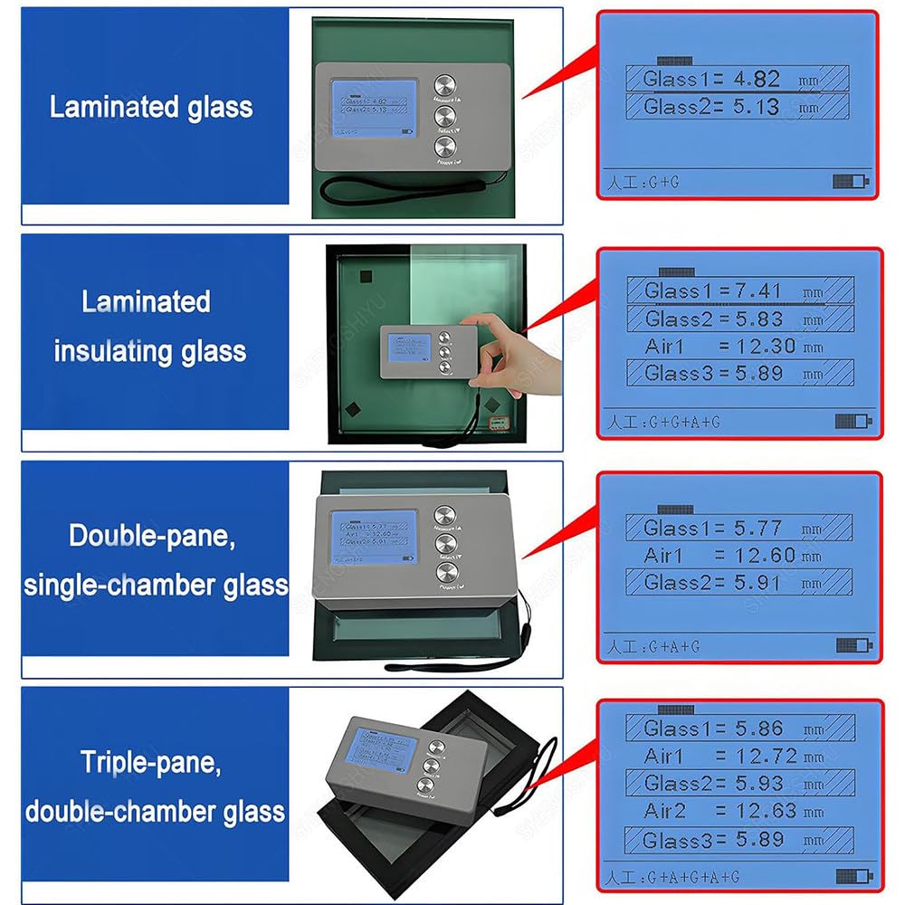 Medidor de Espesor de Vidrio Aislante y Laminado,Pantalla Digital LCD HD,Precisión ±0.1mm,Mide hasta 70mm de Vidrio y 45mm de Capa de Aire,Diseño Portátil con Caja de Almacenamiento