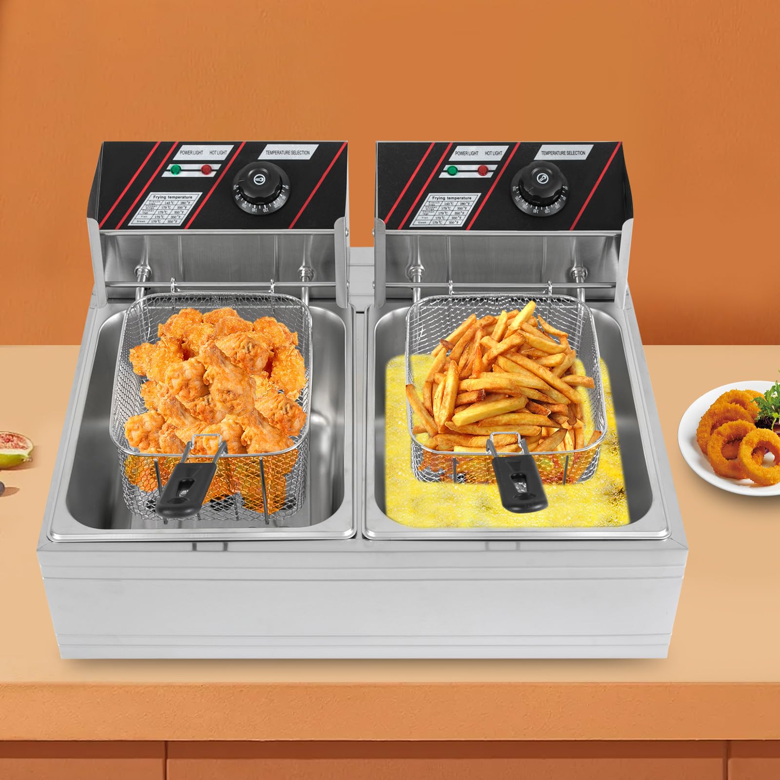Freidora eléctrica, 12 L, acero inoxidable, freidora eléctrica, doble fritoese, con cestas, tapas de 5000 W, para restaurantes, cafés y catering móvil