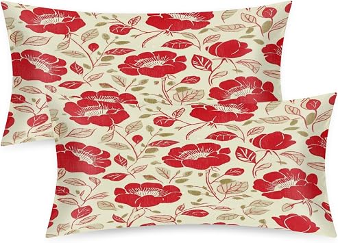 Satin Pillowcase 2 Pack 20x40 Inches, Envelope Closure No Zipper, King Pillow Cases Set of 2, Red Roses Beige Pattern Silky Smooth Hair Care Pillow Covers
