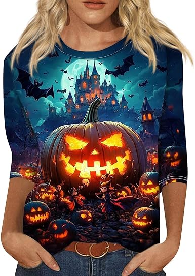 Cute Funny Halloween Shirts for Women Plus Size 3/4 Length Long Sleeve Womens Tops Witch Gothic Renaissance Shirt