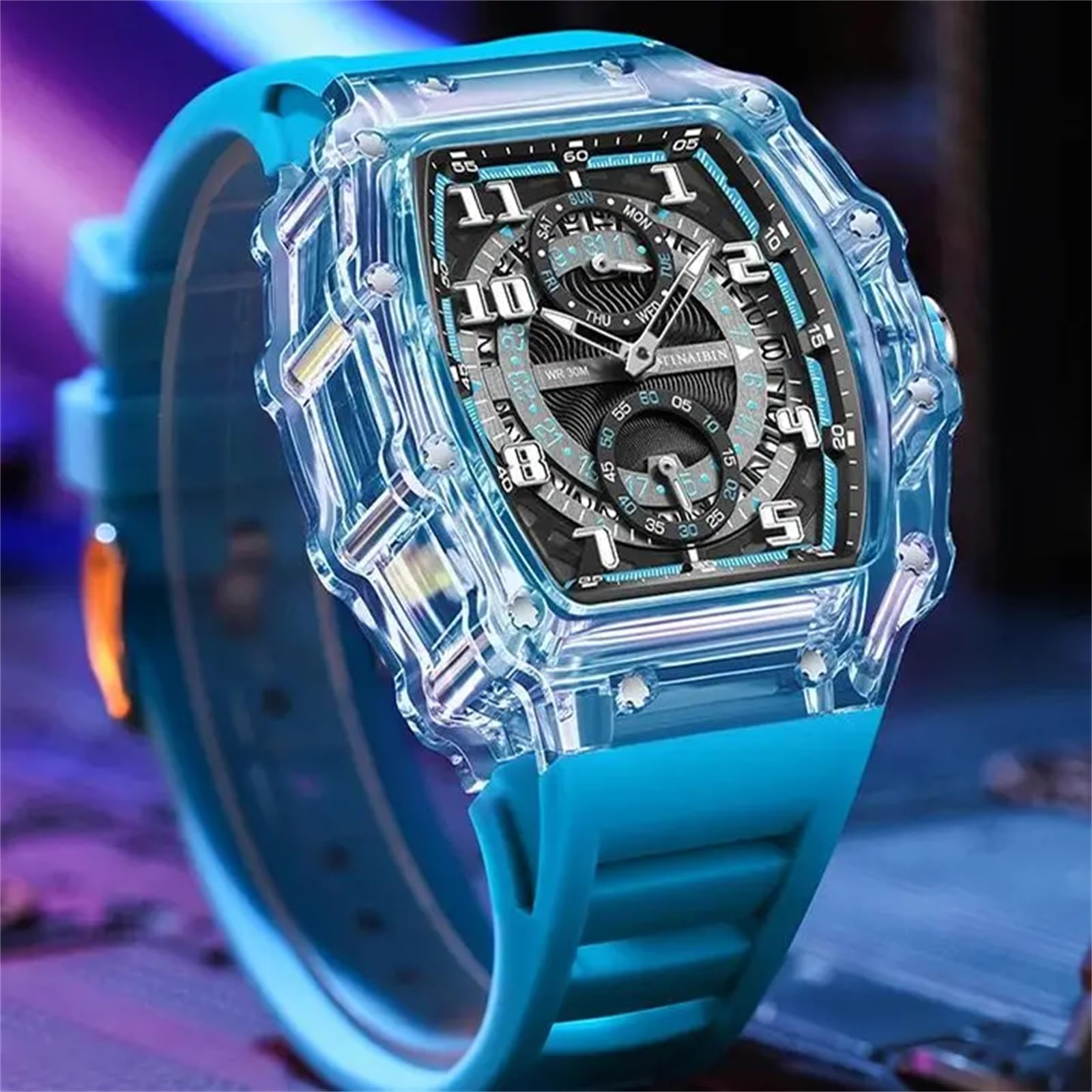 FORSINING Orologio da polso da uomo, al quarzo, cinturino in silicone, casual, cronografo, sportivo, analogico, con data, impermeabile, militare