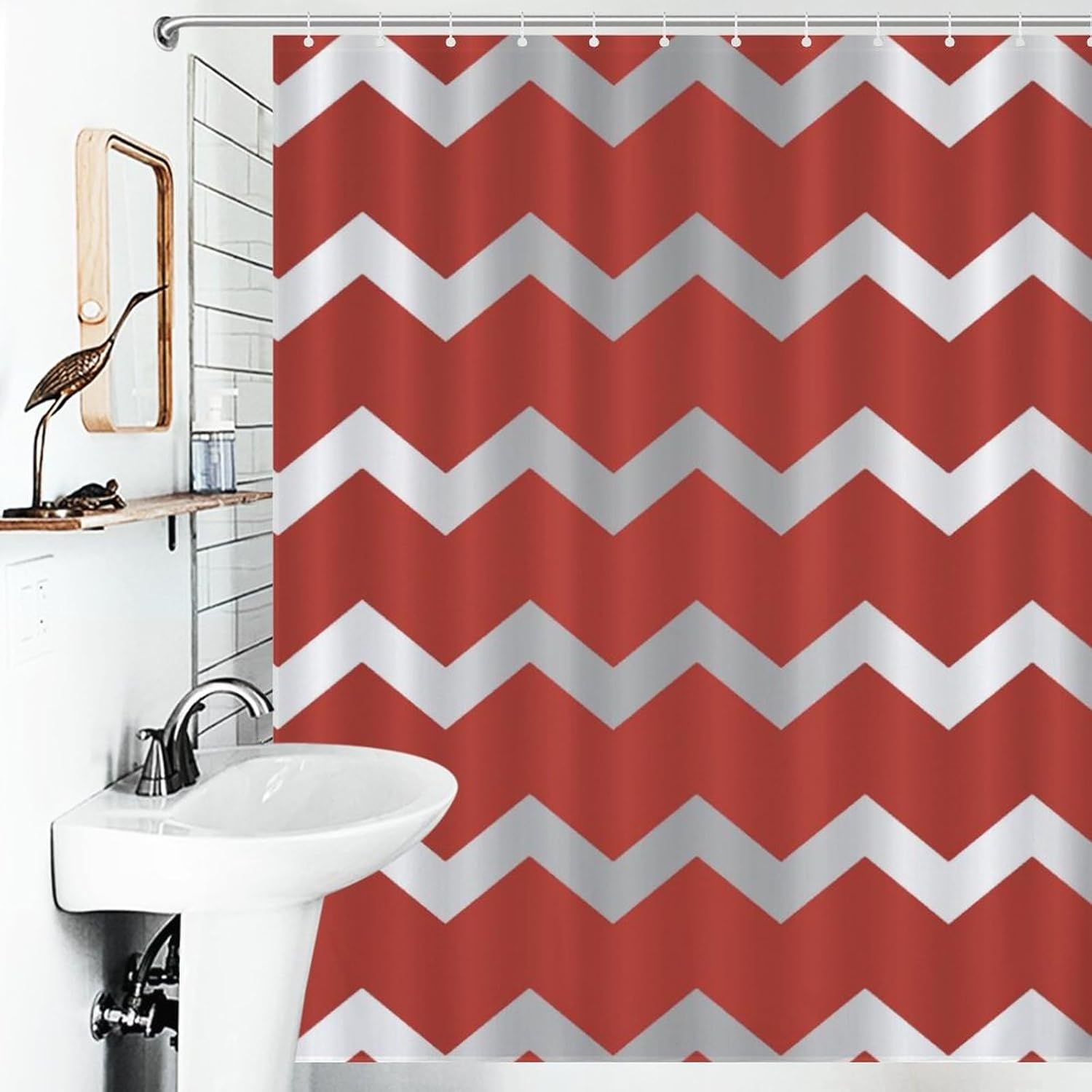 Shower Curtain Liner Set, Chevron Silver Gray Grey Stripes Red Waterproof Washable Bathroom Curtains with 12 Hooks, 60 x 72inch