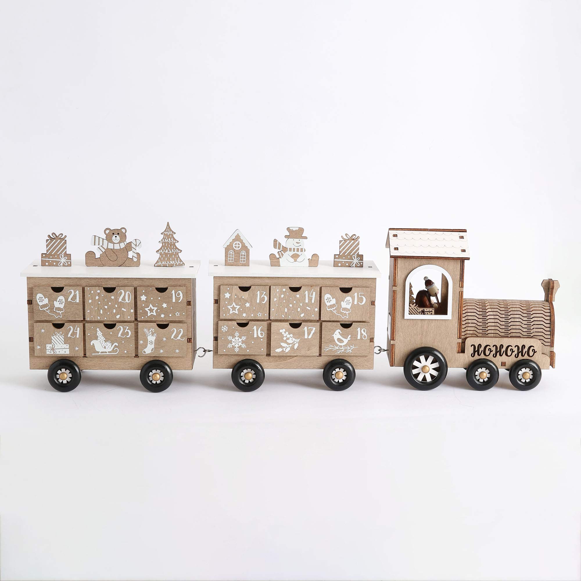 PE Weihnachts-Adventskalender aus Holz in Form eines Zuges mit 24 Schubladen für den Weihnachtscountdown als Tischdekoration (weiß und naturfarben)