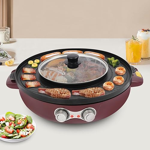 Asador eléctrico 2 en 1 y olla caliente - Calentamiento rápido de 2200 W, olla caliente de doble compartimento de 0.95 galones, sartén antiadherente