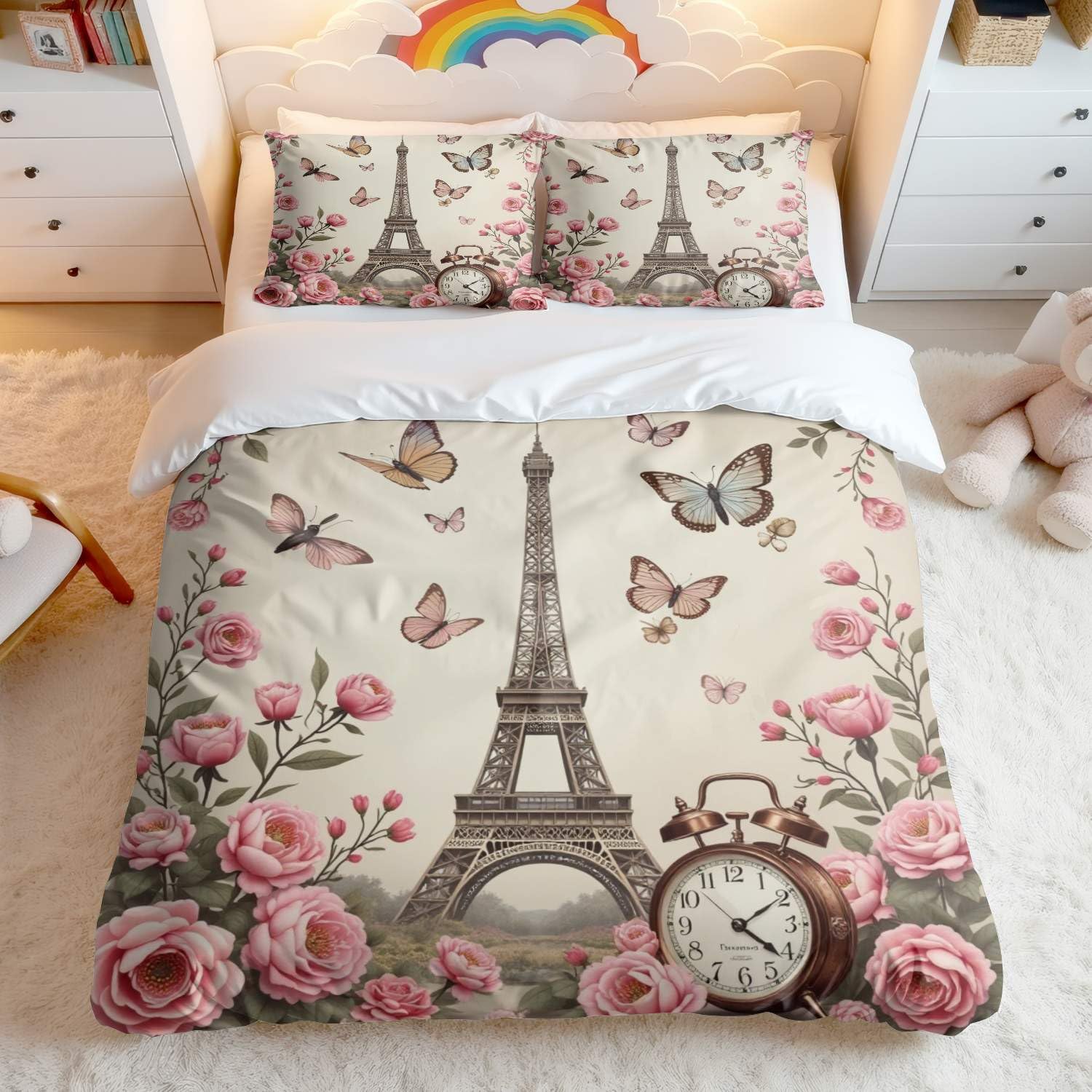 Parure de lit 3 pièces housse de couette papillon et taies 50x75 pour chambre de fille