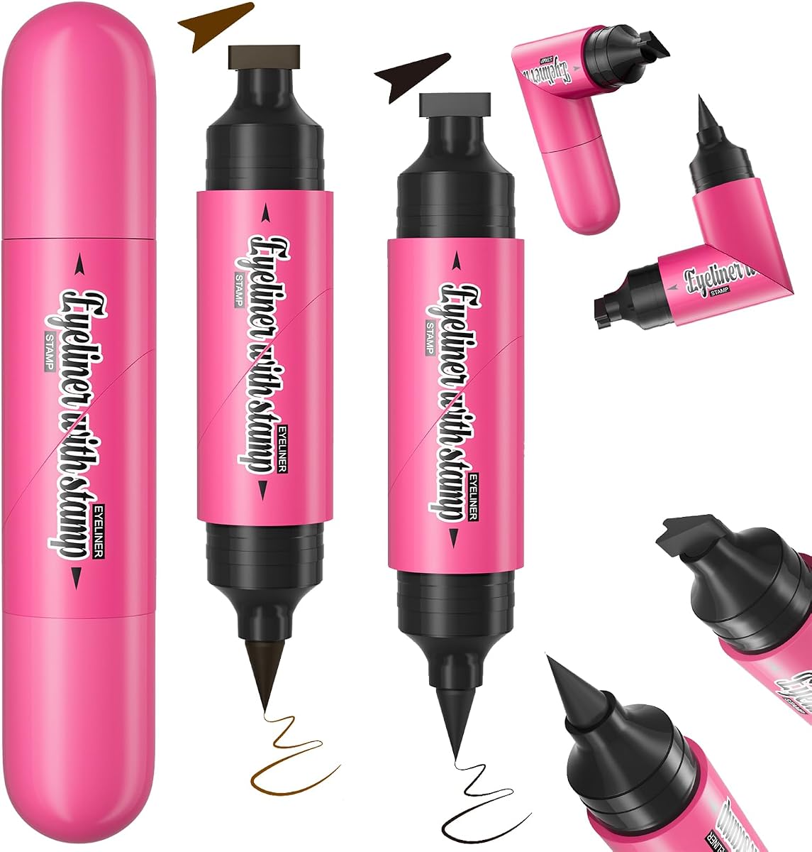 2 bolígrafos de sello delineador de ojos con alas de doble extremo, a prueba de manchas de secado rápido, negro y marrón | Herramienta de delineador de ojos de gato plegable y giratoria, delineador de ojos líquido resistente al agua y de larga duración para principiantes para maquillaje diario