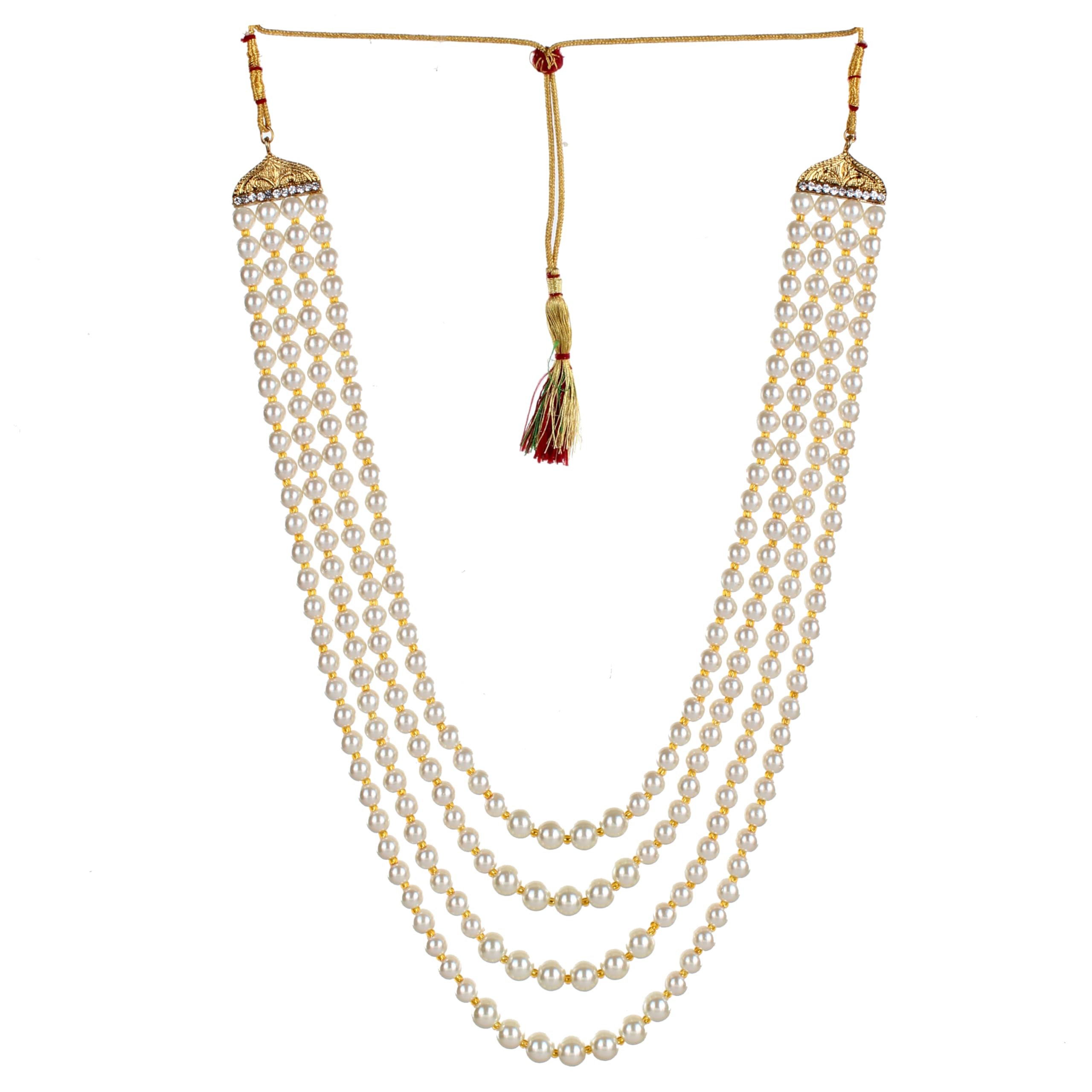 Designer White and Maroon Color Dulha Haar Layered Pearl Groom Necklace Set for Men (528-P1DM-JB500-WM)-image-21